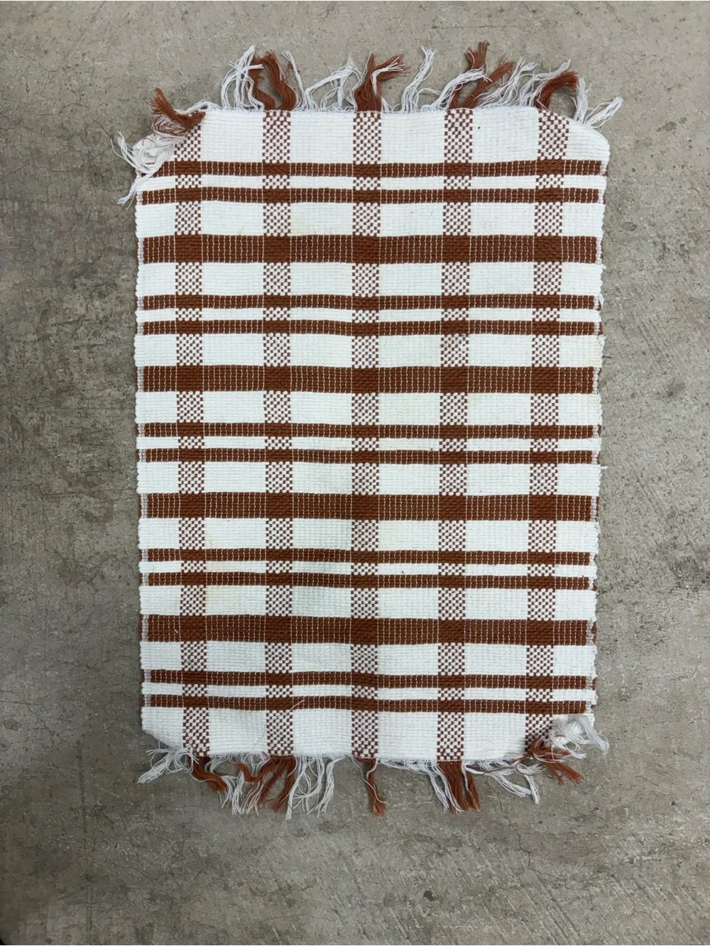 Brown and White Plaid Fabric Rectangular Placemat with Fringed Edges
